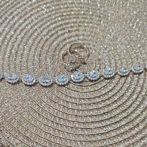 Gold Tone Halo Tennis Bracelet with Clear Stones With Earrings And Ring Set
